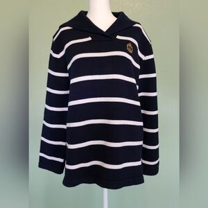 Lauren Ralph Lauren Women Sweater Nautical Emblem Navy Blue White Stripes Sz XL